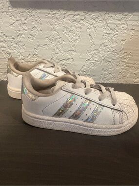 Adidas Kids White Sneakers with Iridescent Stripes